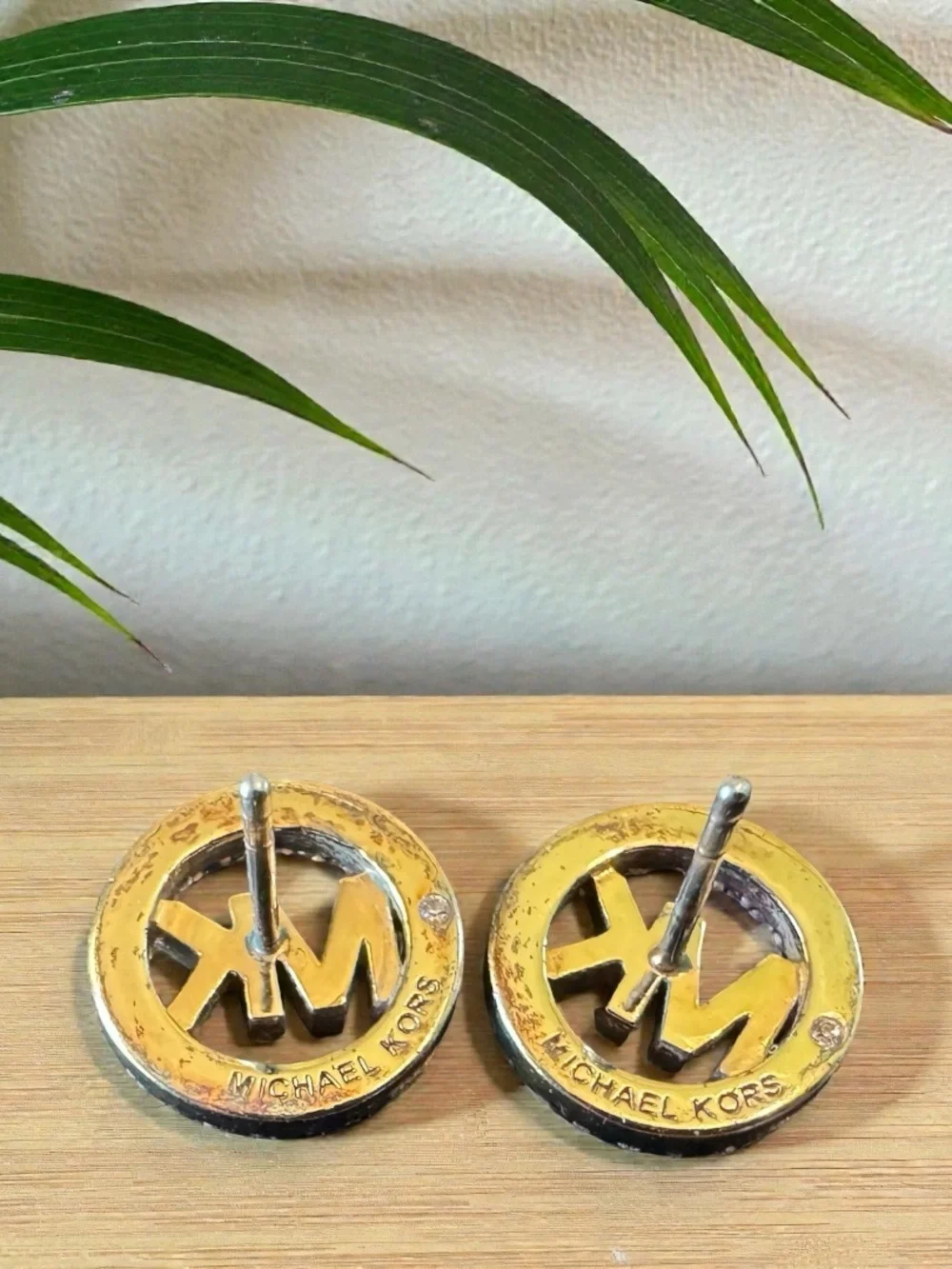 MICHAEL KORS Gold Tone Crystal MK Logo Stud Earrings